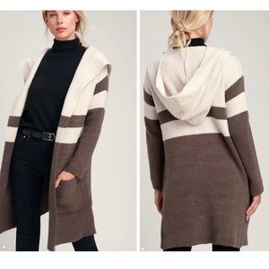 Lulus Carlsbad Grey and Taupe Striped Hooded Cardigan Sweater S/M